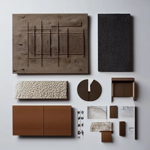 Prompt: “extravagant luxury mountain architectural materials flatlay, by Tadao Ando, modern rustic, Japanese influences”