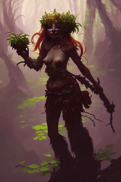 Image similar to a beautiful goblin druid, highly detailed, digital painting, artstation, sharp focus, illustration, art by tan zi and ayanamikodon and alphonse mucha and wlop
