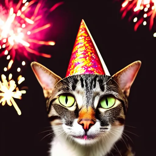Prompt: a photo of a Cat wearing a birthday hat, studio portrait, fireworks in background
