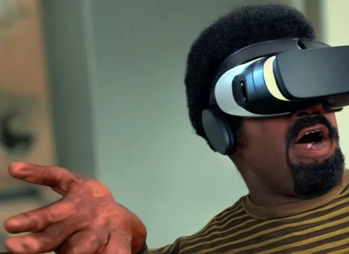 Prompt: geordi la forge wearing a vr headset fighting scorpion from mortal kombat, action shot, star trek the next generation