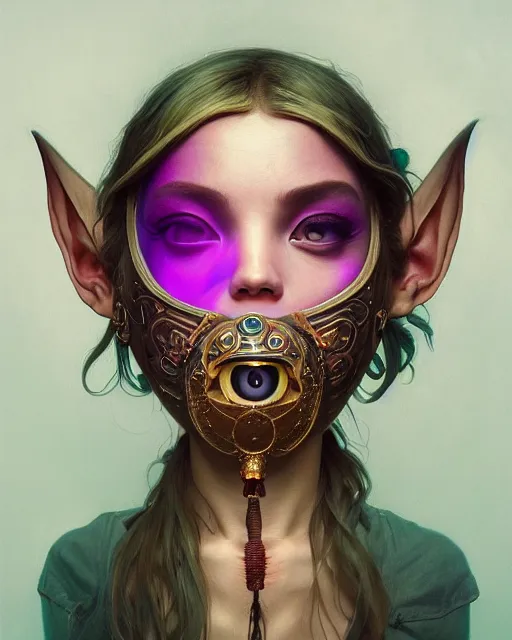 Image similar to highly detailed surreal vfx portrait of young woman wearing majora's mask, stephen bliss, unreal engine, greg rutkowski, loish, rhads, beeple, makoto shinkai and lois van baarle, ilya kuvshinov, rossdraws, tom bagshaw, alphonse mucha, global illumination, detailed and intricate environment