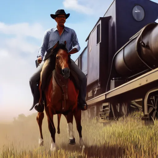 Image similar to Obama from Red Dead Redemption 2 riding a horse next to a train, ray tracing, 8k by artgerm and greg rutkowski