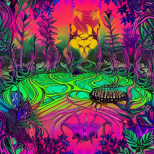 Prompt: psychedelic trippy couch in jungle, forest, out of moment, casual walk, montgomery field, music school, jazz enthusiasts