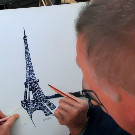 Image similar to a french guy drawing a picture of eiffle tower 8 k