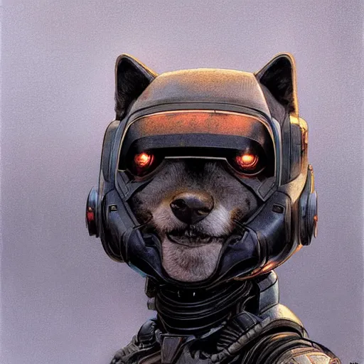 Image similar to movie : the expanse martian goliath black power armor, anthropomorphic shiba inu, realistic scifi, portrait art by donato giancola and greg rutkowski, realistic face, digital art, artstation, fandomt symmetry