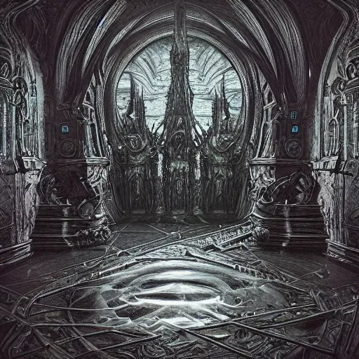 Image similar to Photorealistic demonic palace in the style of Michael Whelan and Gustave Dore. Hyperdetailed photorealism, 108 megapixels, amazing depth, glowing rich colors, powerful imagery, psychedelic Overtones, 3D finalrender, 3d shading, cinematic lighting, artstation concept art