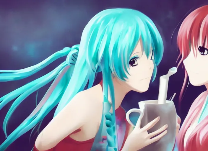 Image similar to An anime-style digital painting of anime girl Hatsune Miku and anime girl Makise Kurisu drinking a cup of tea, cgi render, trending on ArtStation, pixiv, detailed