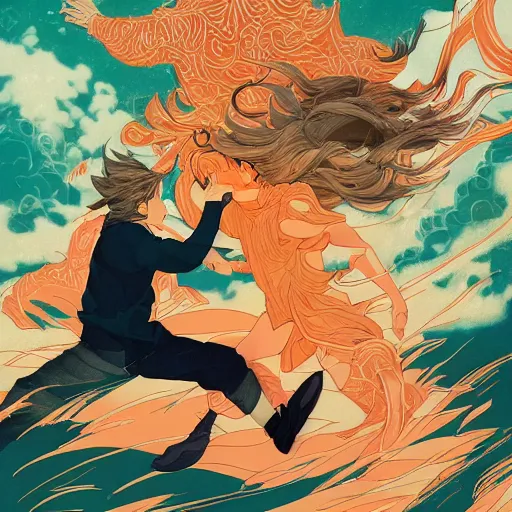 Prompt: a drawing of a young man with brown hair and a young muscular man with orange hair running frantically together, a poster by victo ngai and krenz cushart, pixiv contest winner, art nouveau, official art, wiccan. colorful. xiao tong. detailed. beautiful.