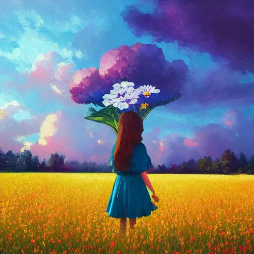 Image similar to girl with giant flower as a face and flower dress, standing in a flower field hills, big trees, sunrise dramatic light, impressionist painting, colorful clouds, digital painting, pointillism, artstation, simon stalenhag