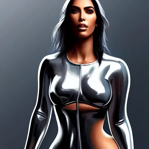 Image similar to transhuman cyberpunk kim kardashian wearing silver chrome leather crop top, cyberpunk 2 0 7 7, intricate, elegant, highly detailed, digital painting, artstation, concept art, smooth, sharp focus, illustration, art by artgerm and greg rutkowski and alphonse mucha