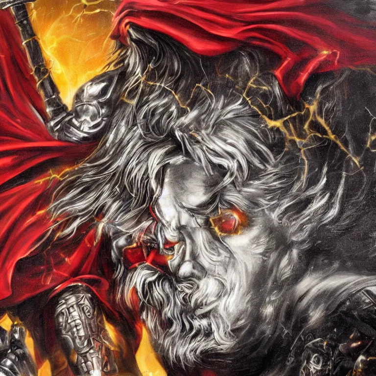 Prompt: mythological Odin all father, with dark red cape, god of thunder and artificial intelligence creating an artificial neural network with dark yellow synapses on an anvil, high resolution, award winning art, trending on art station, sharp image, incredibly detailed, odin all father detailed character realistic painting, dark background