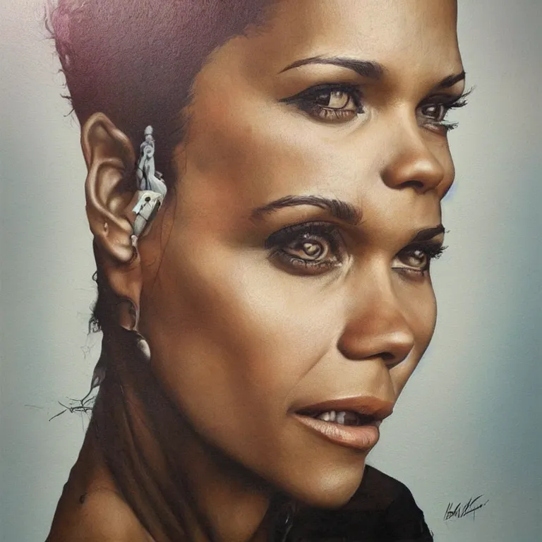 Prompt: Street-art portrait of Halle Maria Berry in style of Etam Cru, photorealism, elegant woman, beautiful woman