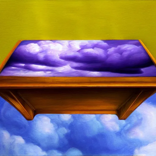 Image similar to realistic panting of a desk on a purple field blue clouds