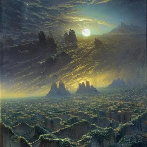 Image similar to The world is labyrinthine beyond possibility of imagining, inhabited on many levels by alien intelligence, infinite in extent, staggering in its beauty, terrifying in its weirdness, endlessly satisfying and peculiar, by John Constable and Ralph McQuarrie and Bruce Pennington