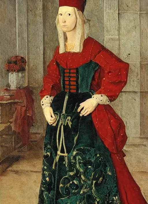 Prompt: portrait of young woman in medieval dress, art by jan van eyck,