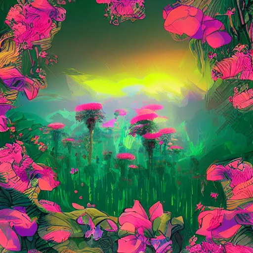 Image similar to a place full of flowers, epic retrowave art, trending on art station