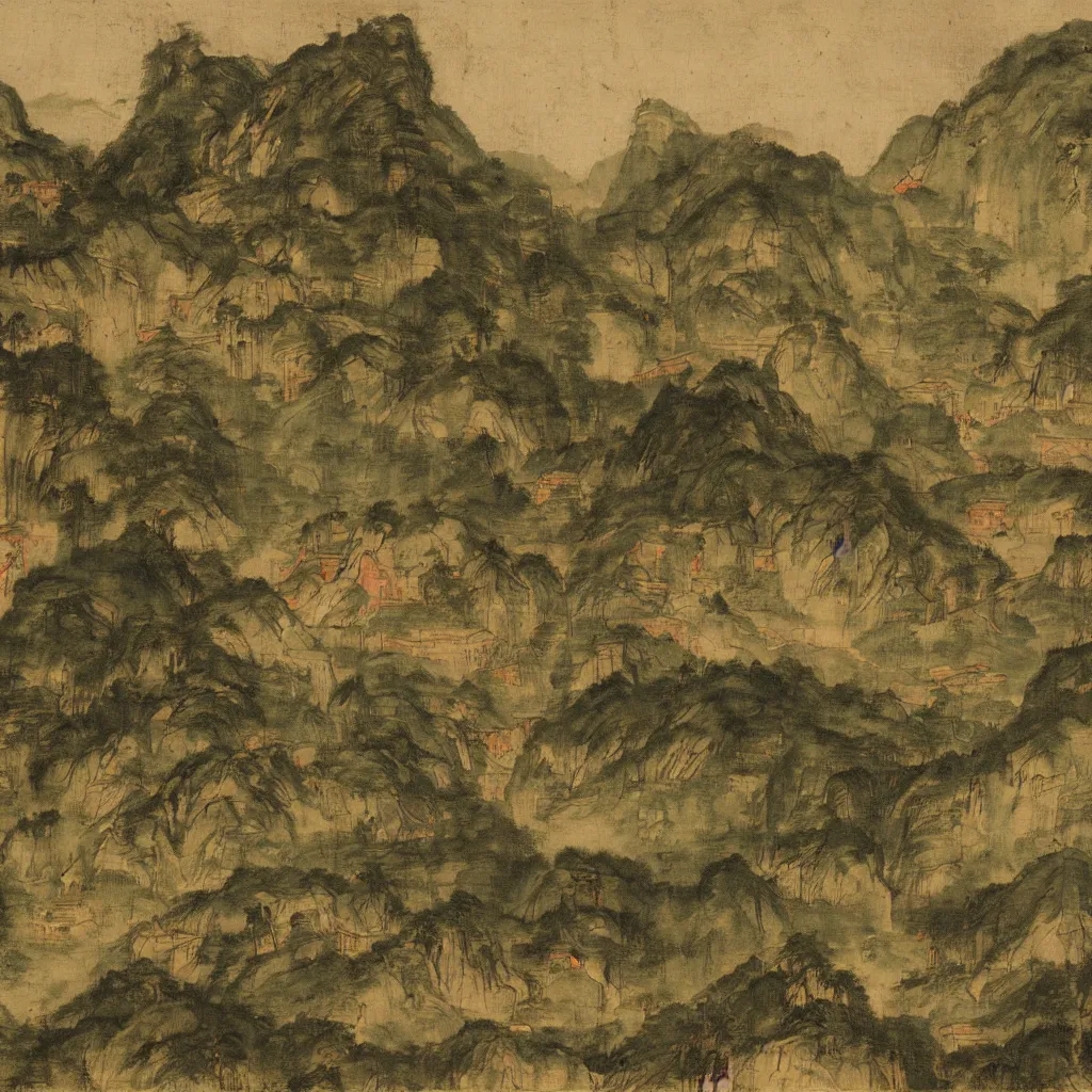 Prompt: a painting of the landscape and mountains around chengdu , in the style of titian , flemish painting