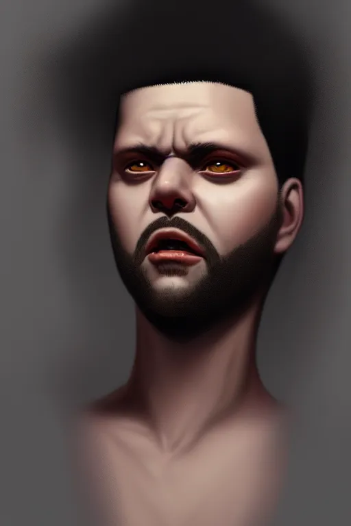 Image similar to a demonic horrific portrait of the weeknd, white eyes, bored, illustration, soft lighting, soft details, painting oil on canvas by edmund blair leighton and charlie bowater octane render, hdr, trending on artstation, 4 k, 8 k, hd