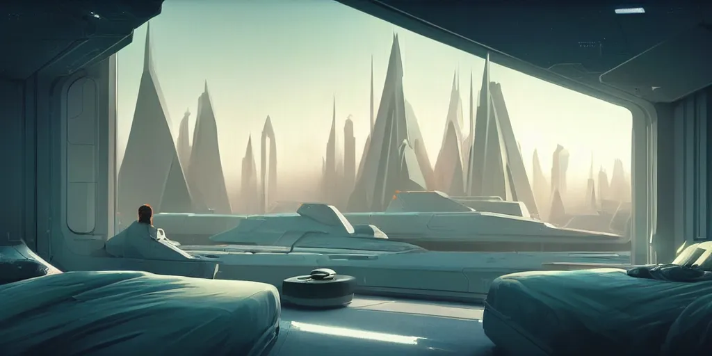 Image similar to a gorgeous sci - fi bedroom matte painting by john harris, sparth and greg rutkowski. sharp edges, tiffany blue, grey orange, white and golden. sci - fi bedroom in a space base, outside the windows a future city skyline, light effect. ultra clear detailed, 3 d, octane render. 8 k