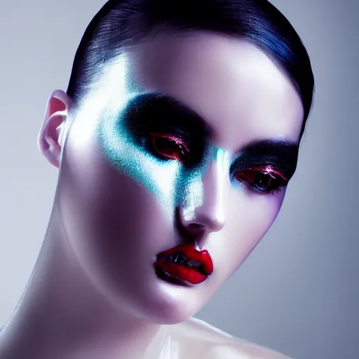 Image similar to high fashion photography of a model in neo futurism white sci - fi makup, transparent cloth, beautifully lit