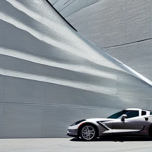 Image similar to corvette on front of building designed by zaha hadid, photorealistic, morning light