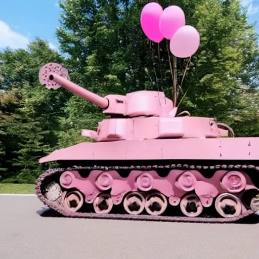 Prompt: panzer tank painted pink, with party balloons attached