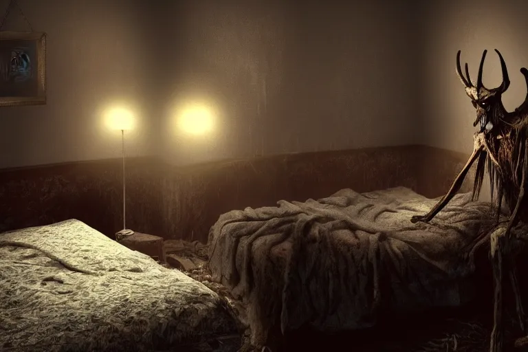 Image similar to photo of a wendigo in a bedroom, at night