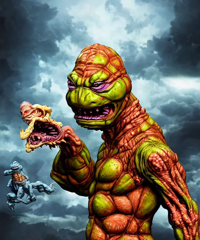 Image similar to hyperrealistic rendering, epic boss battle, cronenberg flesh monster tmnt, by art of skinner and richard corben, product photography, collectible action figure, sofubi, hottoys, storm clouds, outside, lightning