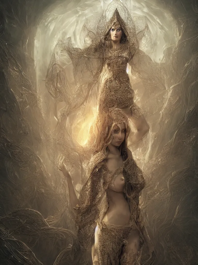 Image similar to a photo of her a mystical goddess woman covered in modular synthesizer parts surrounded by sacred geometry made from elven architecture, full body, perfect face, powerful, cinematic, beautifully lit, by bastien lecouffe - deharme, by karol bak, 3 d, octane render, 8 k