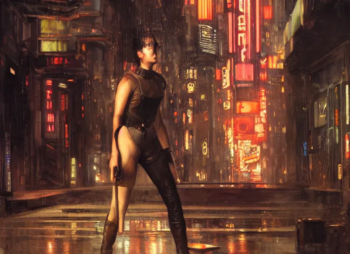 Prompt: android evading blade runner ( blade runner 2 0 4 9, dystopian, cyberpunk 2 0 7 7 character design ). orientalist portrait by john william waterhouse and james gurney and theodore ralli and nasreddine dinet, oil on canvas. cinematic, hyper realism, realistic proportions, dramatic lighting, high detail 4 k