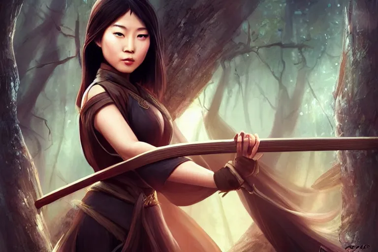 Image similar to beautiful cinematic fantasy poster, asian woman side view using a bokken in forest, wooden sword ; by artgerm ; wayne n reynolds art station ; cinematic quality character render ; high quality ac - h 9 6 0