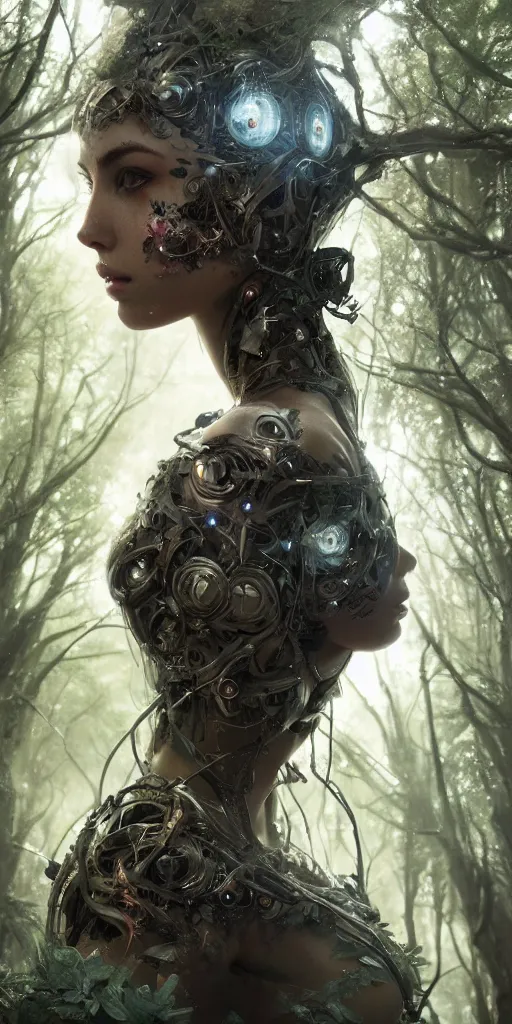 Image similar to a cyborg forest nymph in an ancient forest, ana de armas, flawless symmetrical pretty cute face, greg rutkowski, 8 k, shallow depth of field, intricate detail, concept art,