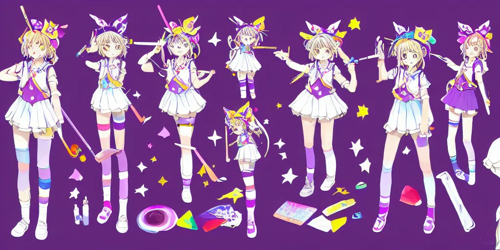 Prompt: A character sheet of an anime magical girl holding a paintbrush with short blond hair and freckles wearing an oversized purple Beret, Purple overall shorts, jester shoes, and white leggings covered in stars. Rainbow accents on outfit. Concept Art. Card captor Sakura inspired. Sailor Moon Inspired. Madoka Magica Inspired. By Naoko Takeuchi. By CLAMP. By WLOP. JPOP Outfit. KPOP Outfit