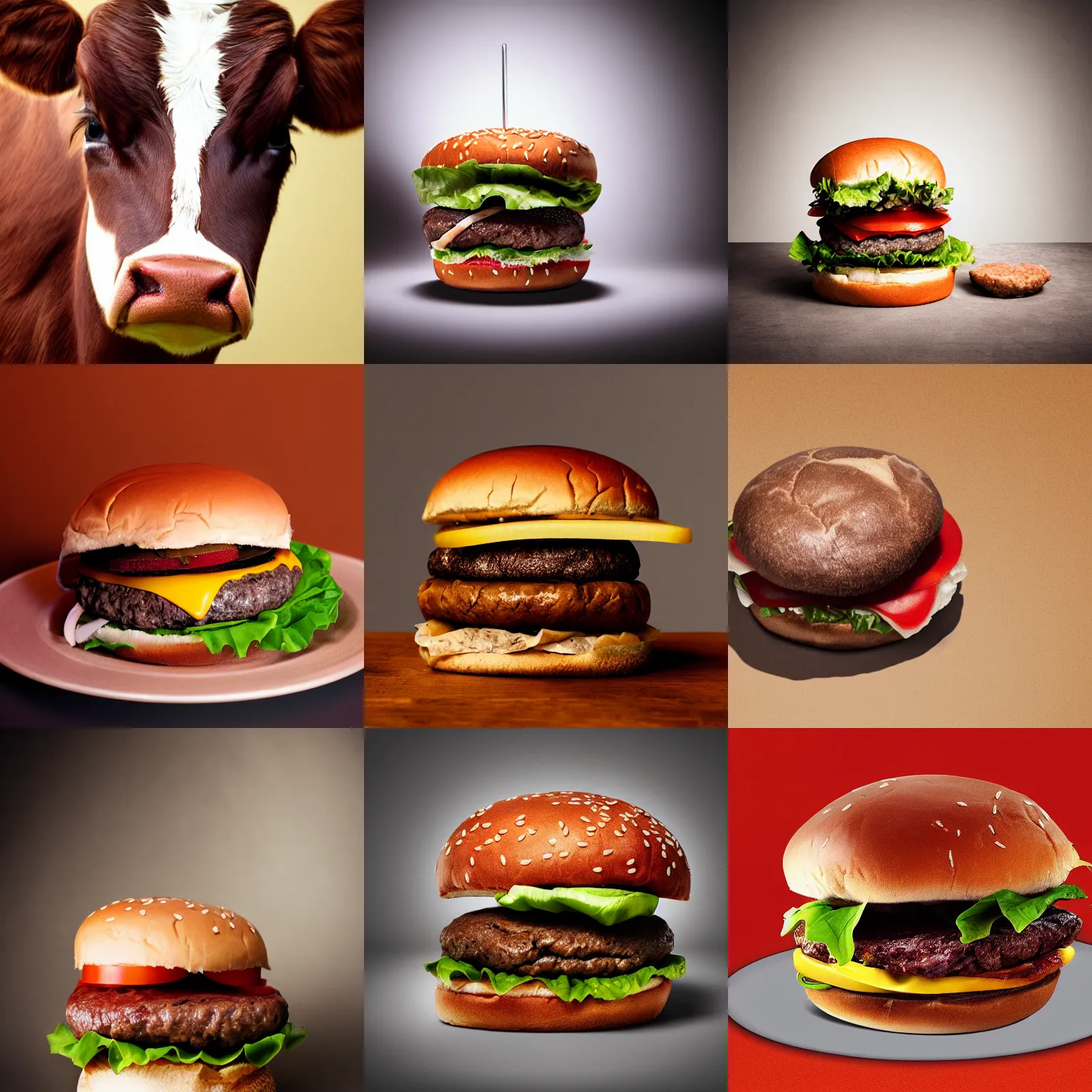 Prompt: a brown calf on a hamburger, photorealistic, studio lighting