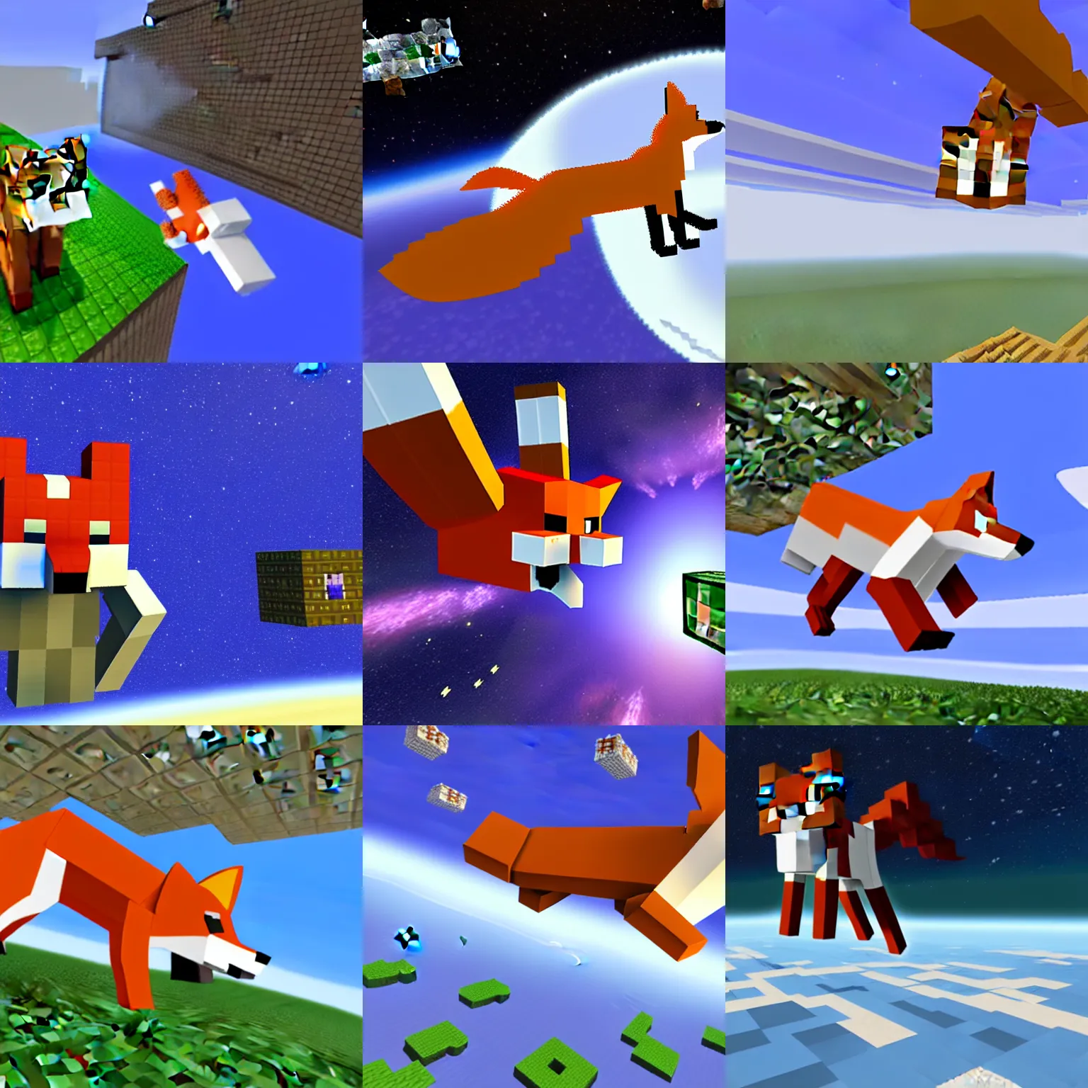 Prompt: fox from minecraft flying in front of white crunch in space, realistic