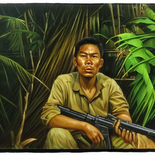 Image similar to the portrait of a communist guerrilla waiting in the dark cervices to ambush, tropical jungle warfare during the Malayan Emergency 1950, masterpiece of social realist oil painting by Chua Mia Tee, British Pathe archive, National War Museum, Nanyang Arts Equator art movement, realistic, cinematic, 8k resolution, intricate jungle. H 768