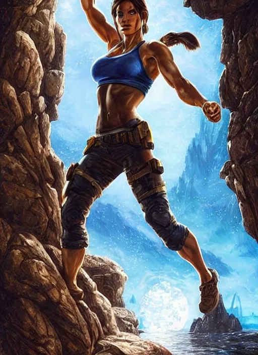 Image similar to muscled Sandra Bullock as Lara Croft as a ruggedly handsome heroine looking directly into the camera, jumping off a glowing artifact lodged in shallow blue glowing water, intricate, elegant, highly detailed, artstation, concept art, smooth, sharp focus, illustration, bokeh art by artgerm and donato giancola and Joseph Christian Leyendecker, WLOP, fireflies, distant snowstorm and thunder