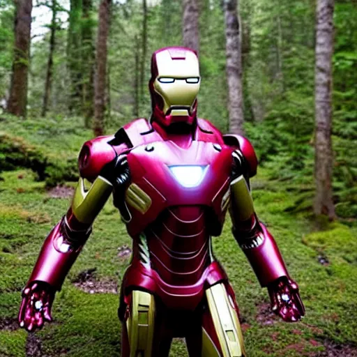 Prompt: abandoned iron man suit overgrown by moss in the middle of a forest, 4k realistic photo