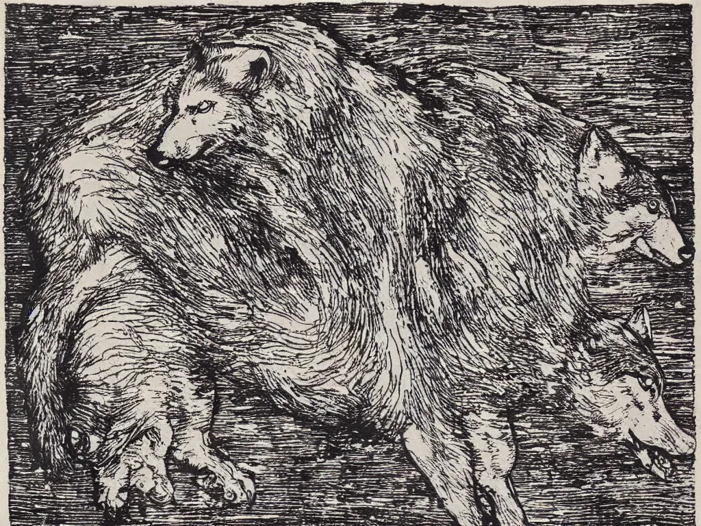 Image similar to wolf in heavy rainstorm. woodcut by albrecht durer, salvador dali