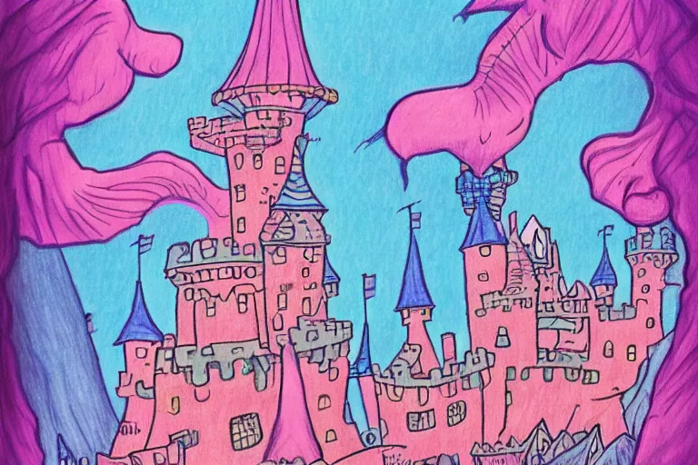 Image similar to a drawing of a pink and blue castle, a storybook illustration by dr seuss, tumblr, psychedelic art, concept art, storybook illustration, whimsical