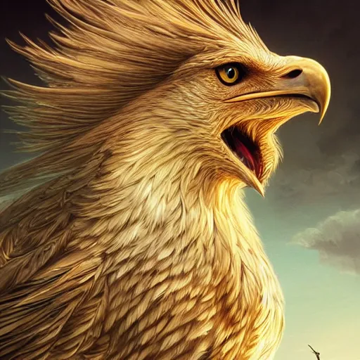 Prompt: a griffin, fantasy, professionally retouched, soft lighting, powerful, realistic, smooth feathers, perfect golden eyes, wide angle, sharp focus on whole body, 8 k high definition, insanely detailed, intricate, elegant, art by artgerm and wlop