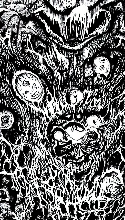 Image similar to a storm vortex made of many demonic eyes and teeth over a forest, by eiichiro oda