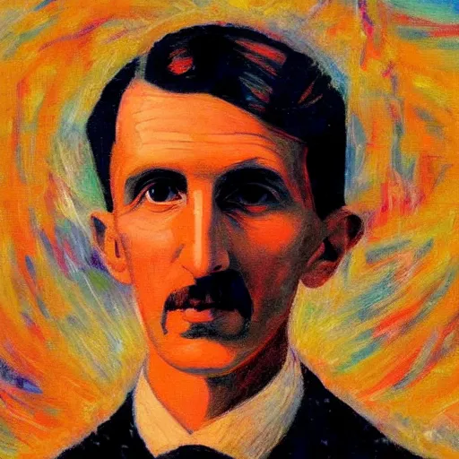 Prompt: An abstract painting of young Nikola Tesla, the background is filled with explosion of electricity