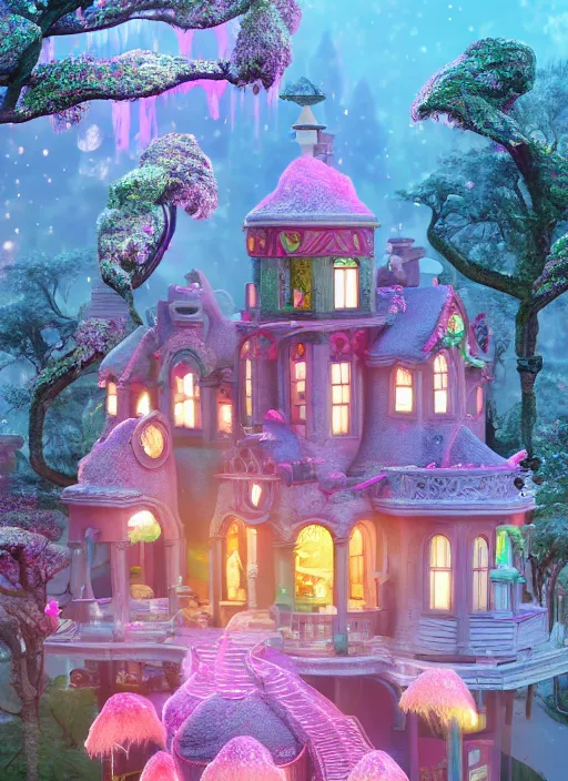 Prompt: Magical enchanted house on a candy biome full of candys, cotton candy trees, cinematic shot, intricate, ornate, photorealistic, ultra detailed, realistic, 100mm, photography, octane, high definition, depth of field, bokeh, 8k, artstation