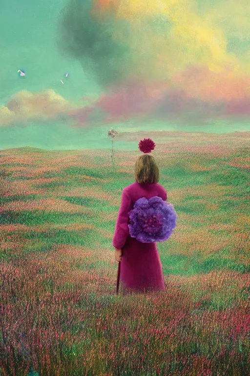 Prompt: portrait, giant flower on head, a girl wearing a coat in heather field, surreal photography, wind and cold, dramatic sky, impressionist painting, digital painting, artstation, simon stalenhag