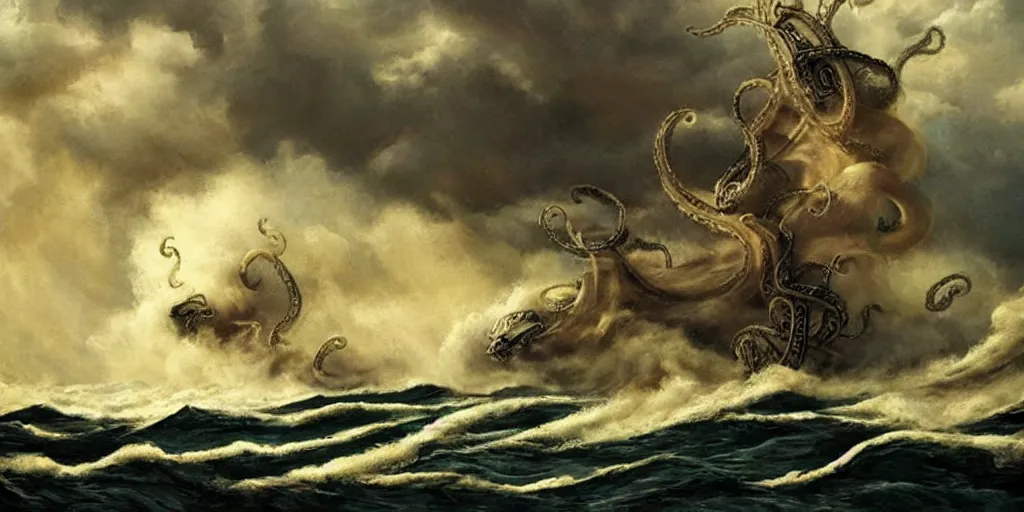 Image similar to kraken!!!!!!!!!!!!!!!! tentacles!!!!!!!!!!! stormy sea!!!!!! steamship boat dramatic clouds painting