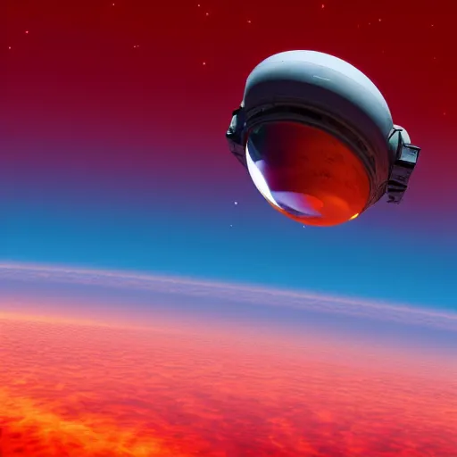 Image similar to an astronaut in space flying with no gravity toward a bright red sun, spacecraft far away, realistic, 4d, 8k, realism