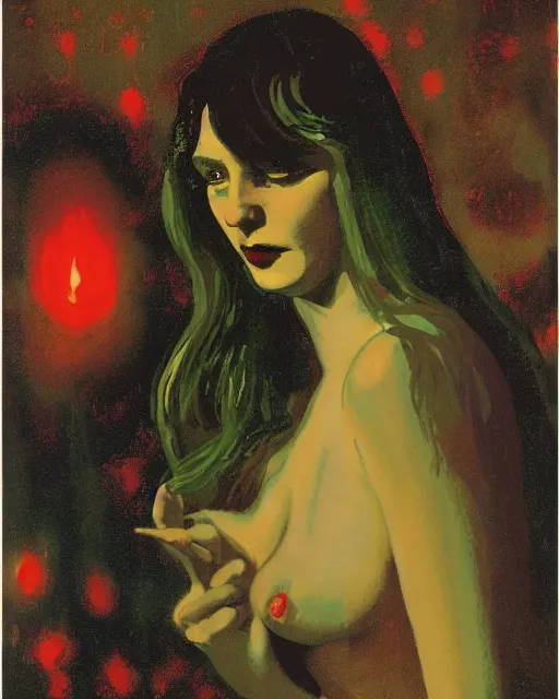 Image similar to a girl meeting the devil in the rain at night, 1 9 7 0 s, seventies, wallpaper, delicate embellishments, painterly, offset printing technique, by brom, robert henri, walter popp