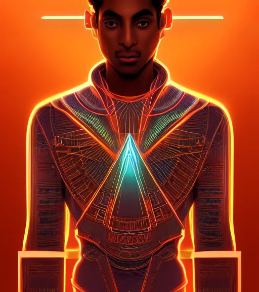 Image similar to symmetry!! egyptian prince of technology, solid cube of light, hard edges, product render retro - futuristic poster scifi, lasers and neon circuits, brown skin man egyptian prince, intricate, elegant, highly detailed, digital painting, artstation, concept art, smooth, sharp focus, illustration, dreamlike, art by artgerm