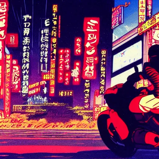 Image similar to kaneda on his motorcycle in neo tokyo looking for akira, night, neon lights, speed, art by katsuhiro otomo, ultra detailed, 8 k